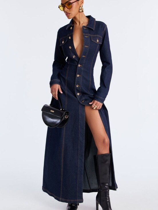 Dresses & Skirts - Dark Blue Denim Maxi Shirt Dress with Button Front